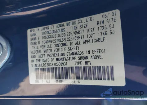 2007 Honda Cr-V Lx z USA, uszkodzony, nr VIN JHLRE383X7C058931